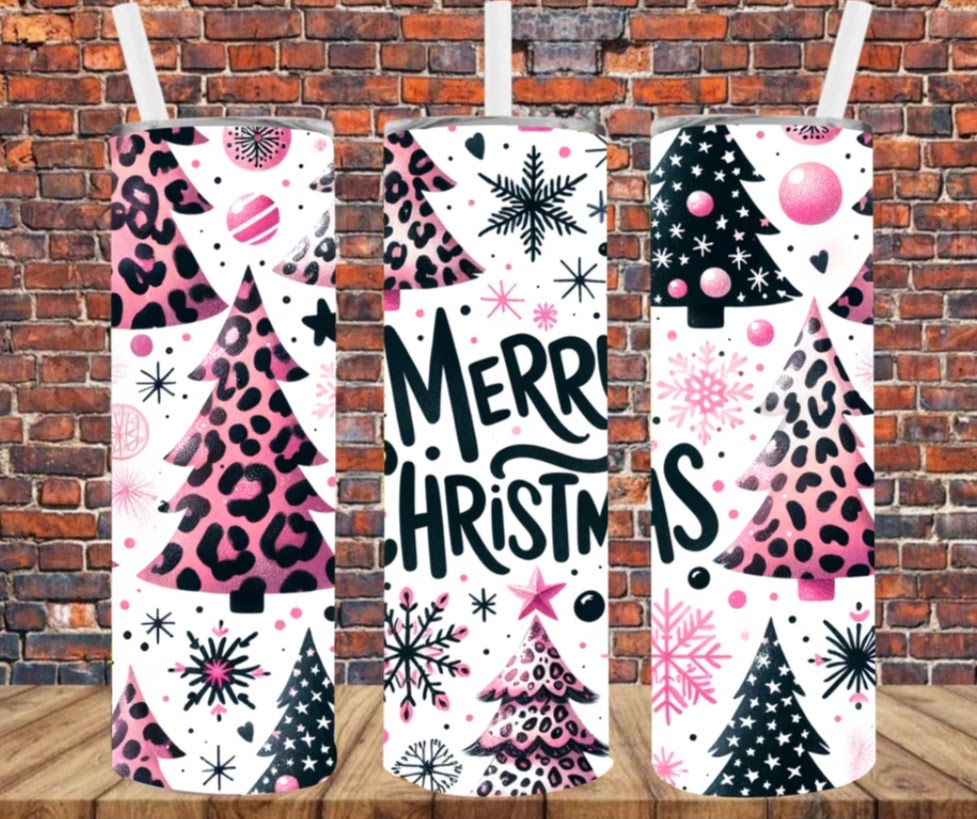 Stainless Steel Tumbler 20oz - Merry Christmas Black & Pink Trees SF