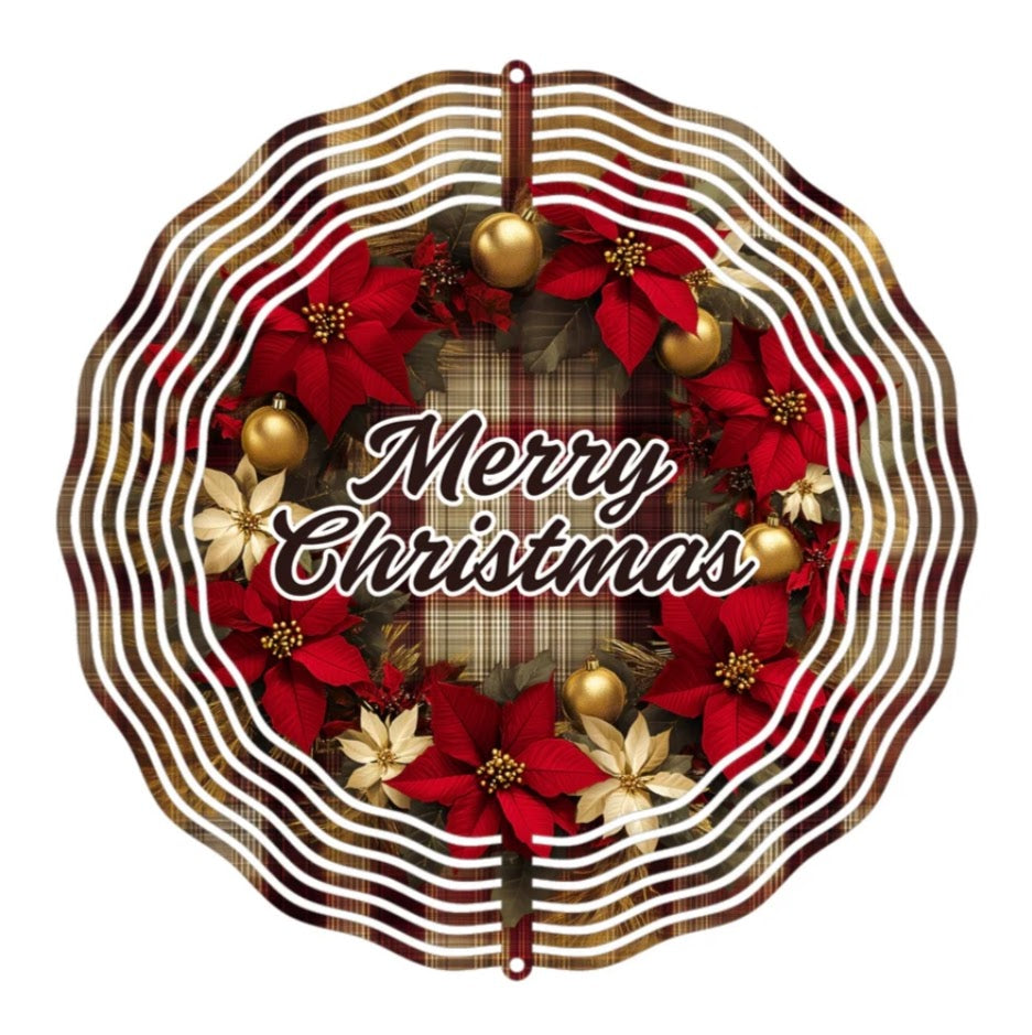 Wind Spinner 8" - Merry Christmas Poinsettia Wreath