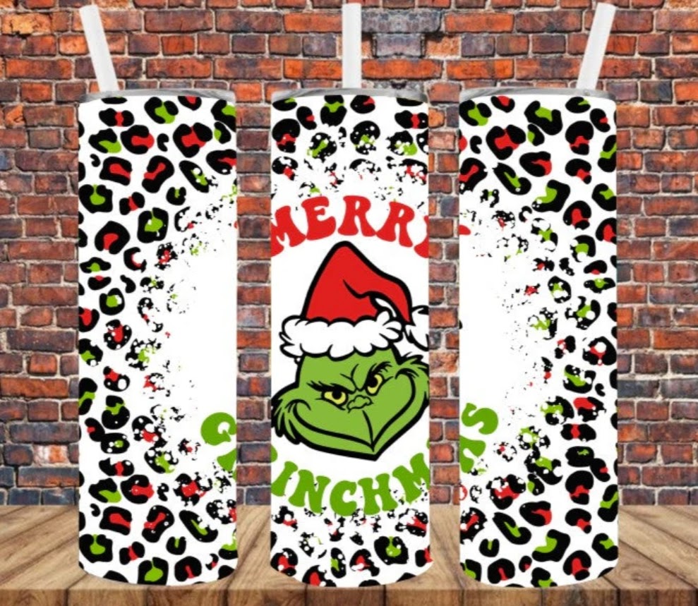 Stainless Steel Tumbler 20oz - Merry Grinchmas Leopard SF