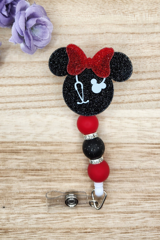 Badge Reel-Mouse Ears Stethoscope (Black Glitter)