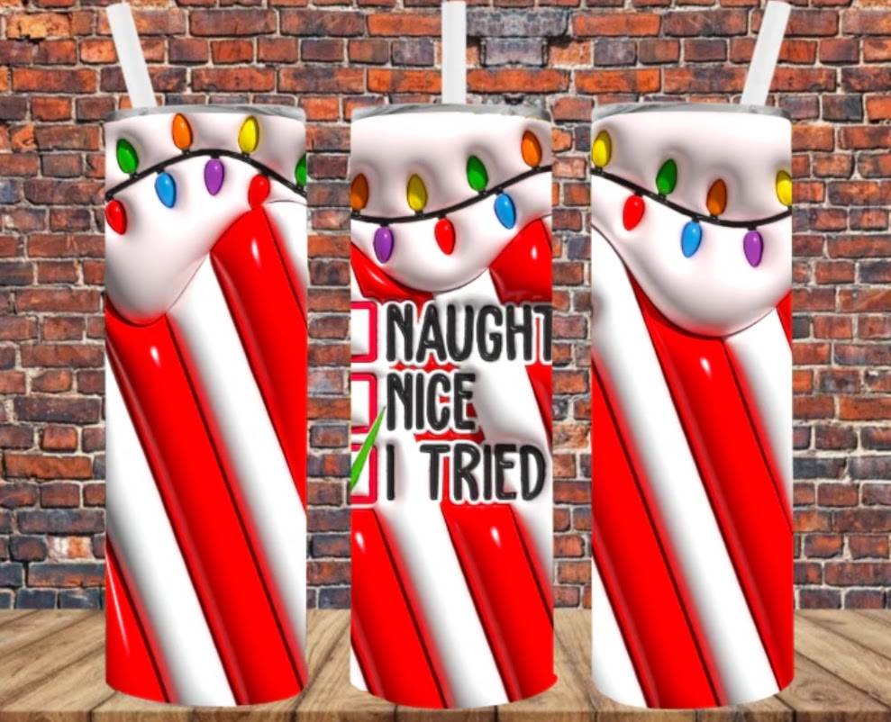 Stainless Steel Tumbler 20oz - Naughty Nice I Tried Peppermint Stripes SF