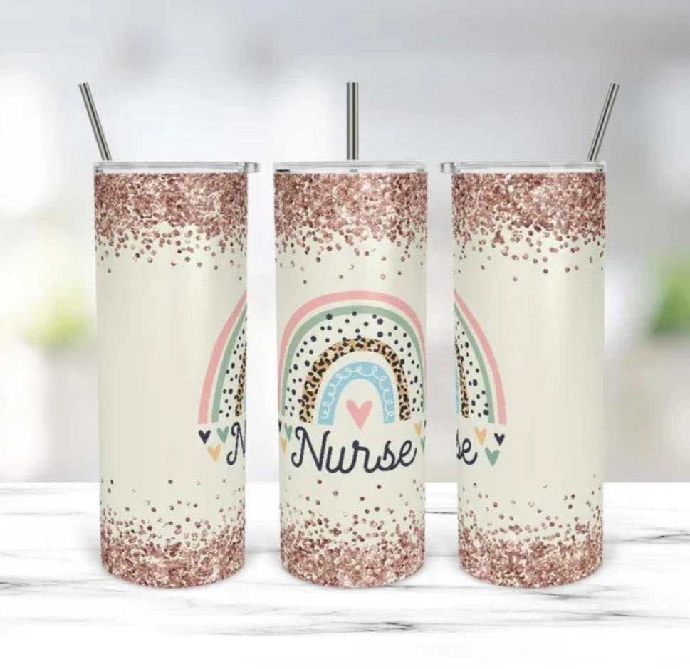 Stainless Steel Tumbler 20oz -Nurse Rainbow SF (Glitter)