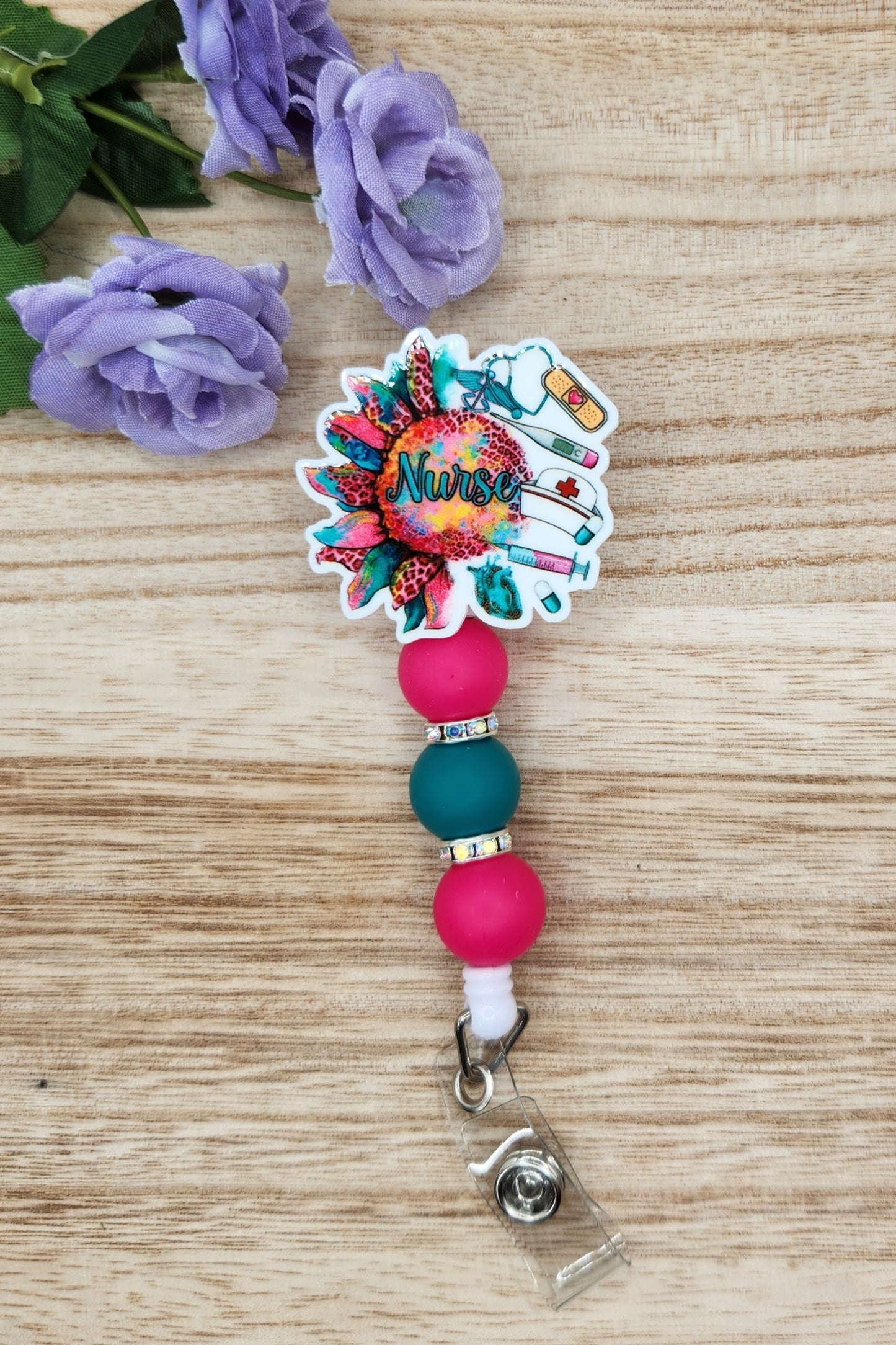 Badge Reel-Nurse Sunflower SS (Turquoise & Pink)