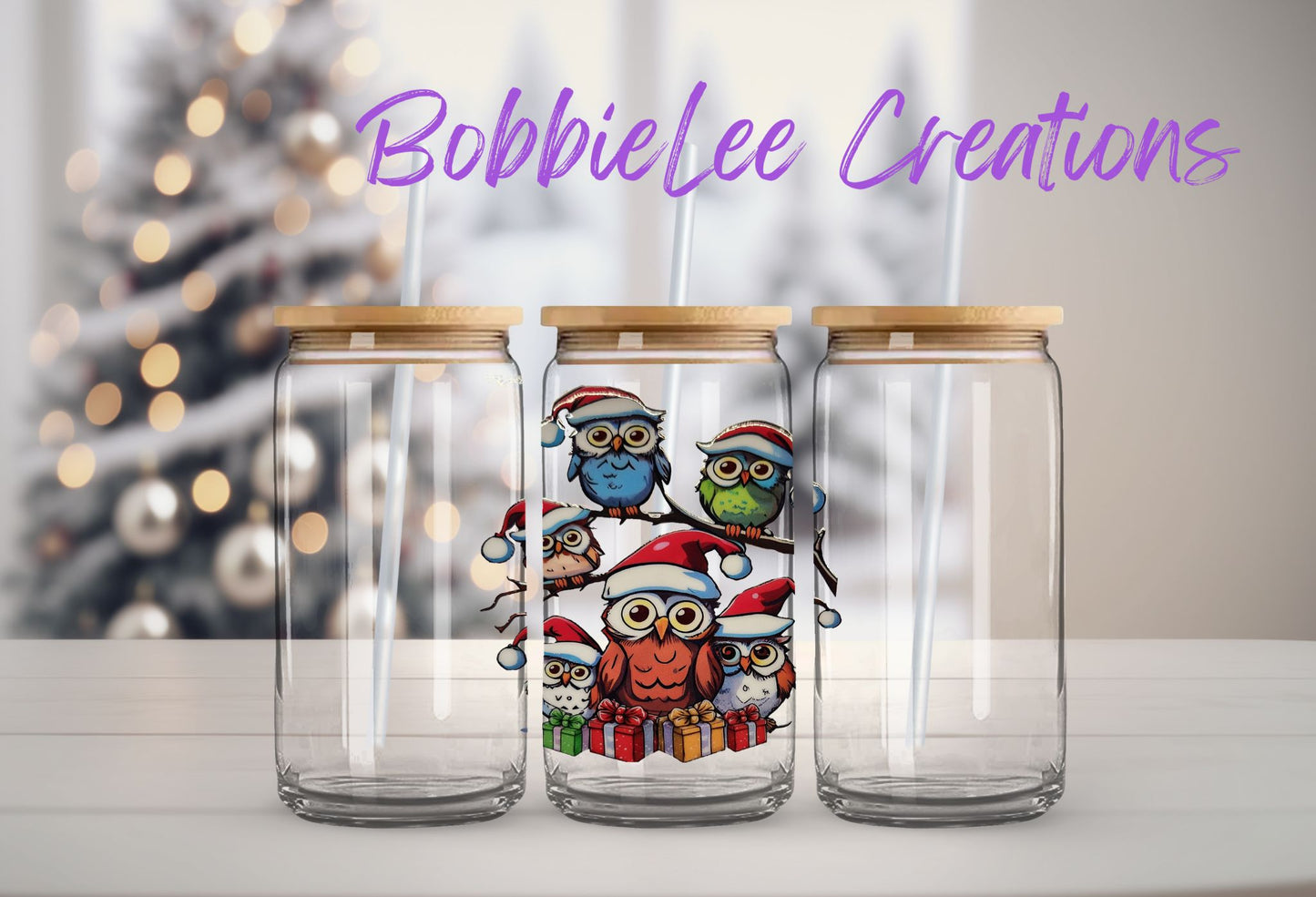 16oz Glass or Plastic Cup - Christmas Owls MC