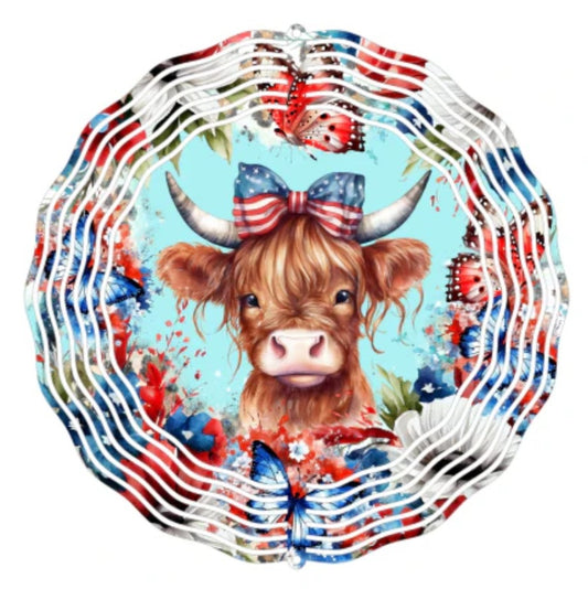 Wind Spinner 8" - Patriotic Highland Cow