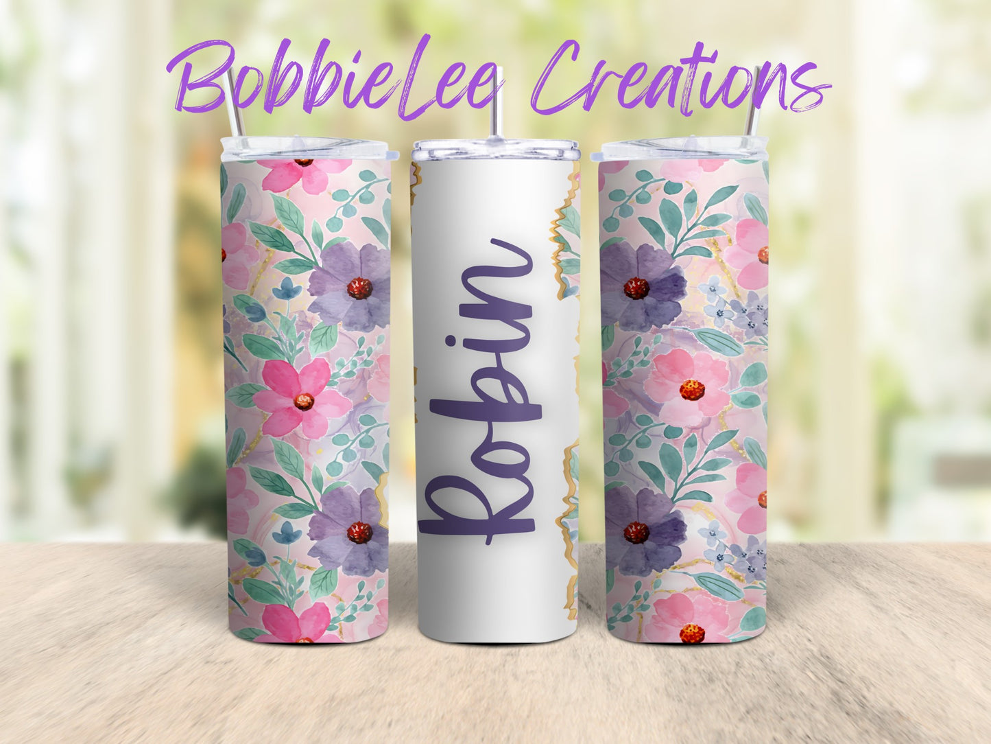 PERSONALIZED TUMBLER-*BLC CUSTOM DESIGN*-Purple & Pink Floral