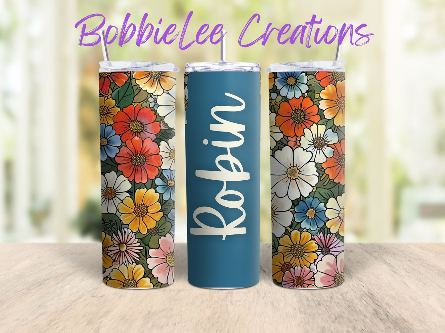 PERSONALIZED TUMBLER-*BLC CUSTOM DESIGN*-Retro Daisies (Blue)