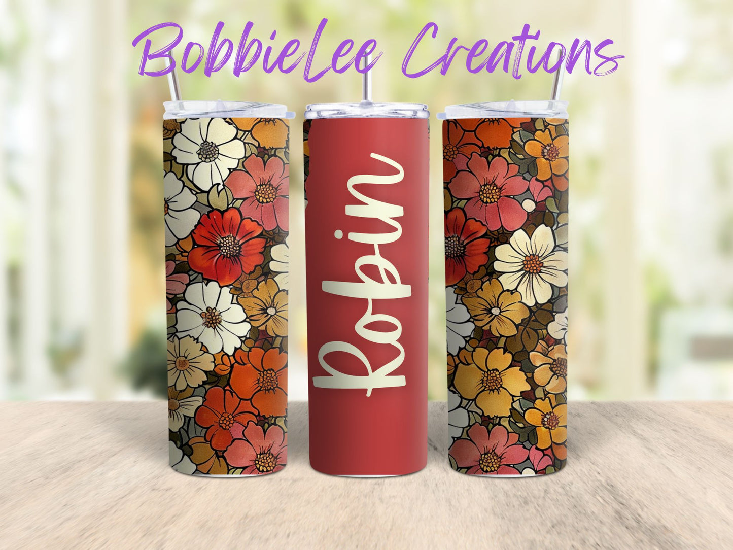 PERSONALIZED TUMBLER-*BLC CUSTOM DESIGN*-Retro Daisies (Rust)