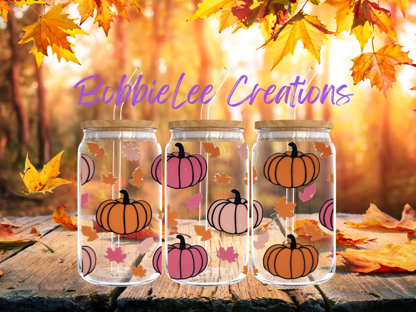 16oz Glass or Plastic Cup -Pumpkins Orange & Pink KKC