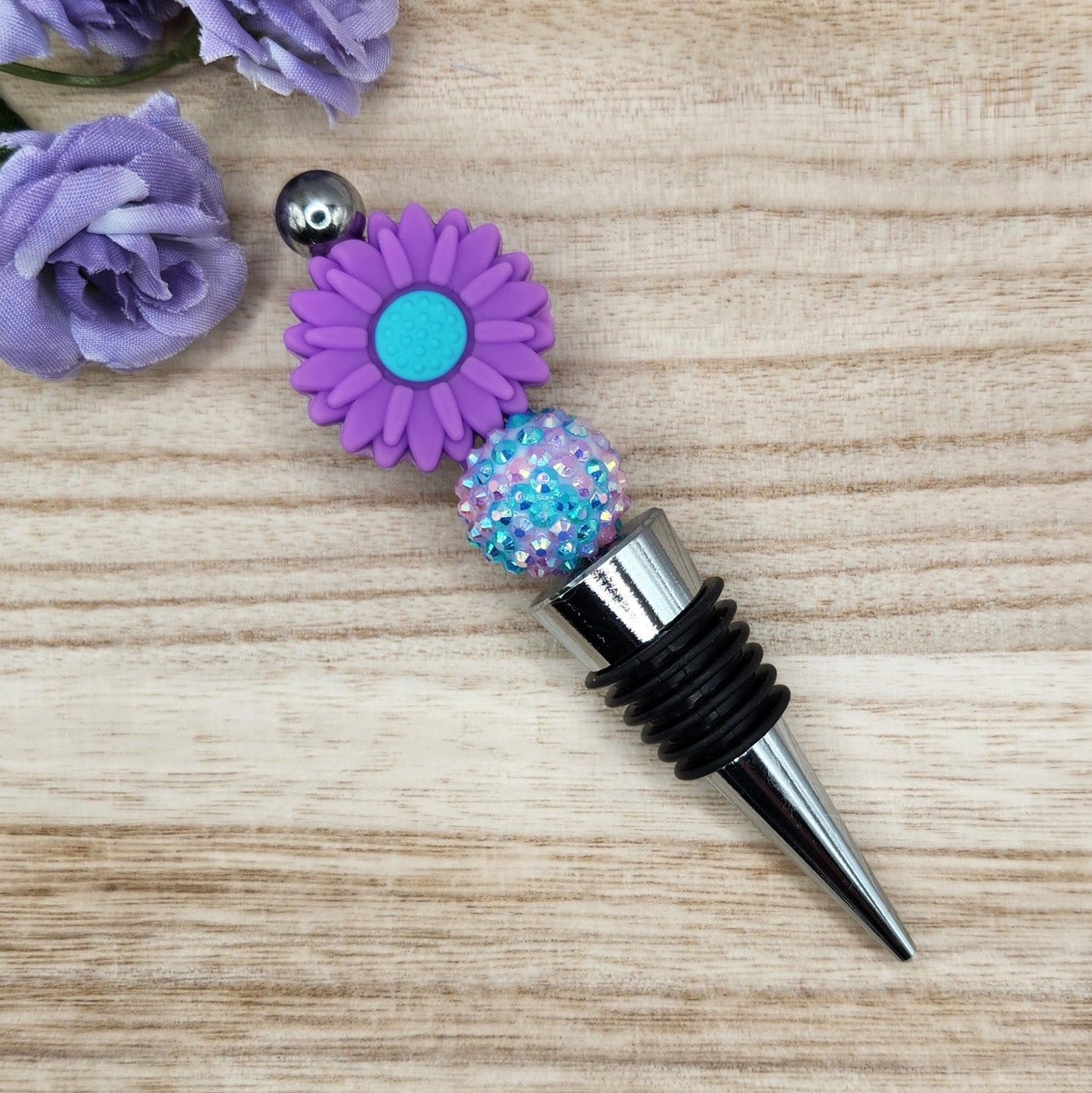 Wine Stopper-Purple Daisy (Silver)