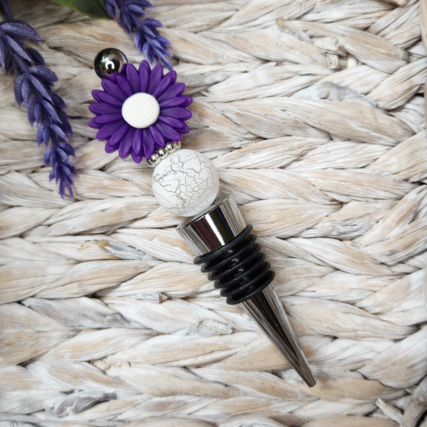 Wine Stopper-Purple Daisy (Silver)