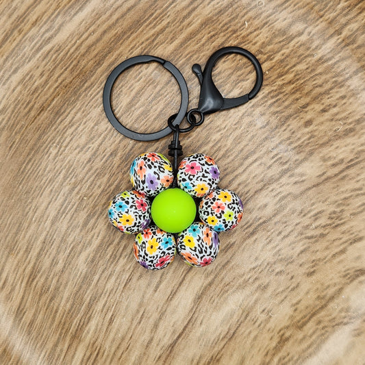 Keychain-Flower (Rainbow Daisies Cheetah-Lime Green)