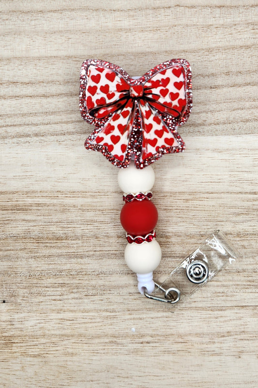 Badge Reel-Red Hearts Coquette Bow (Red Glitter) BS024