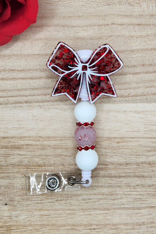 Badge Reel-Red & White Bow (Red Sequin Glitter) BS021