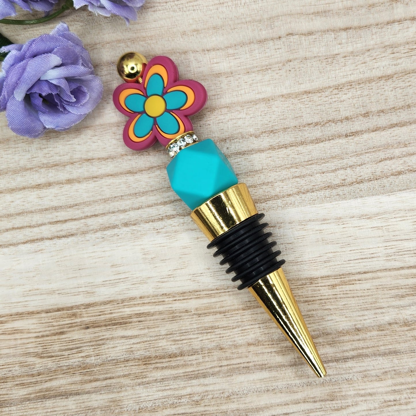 Wine Stopper-Retro Daisy-Turquoise (Gold)