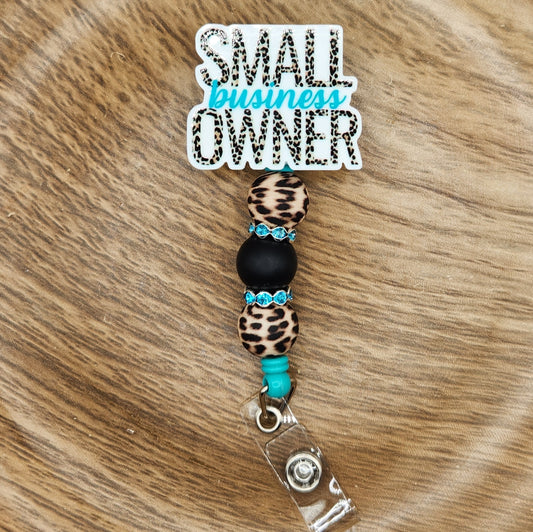 Badge Reel-Small Business Owner (Turquoise Leopard)