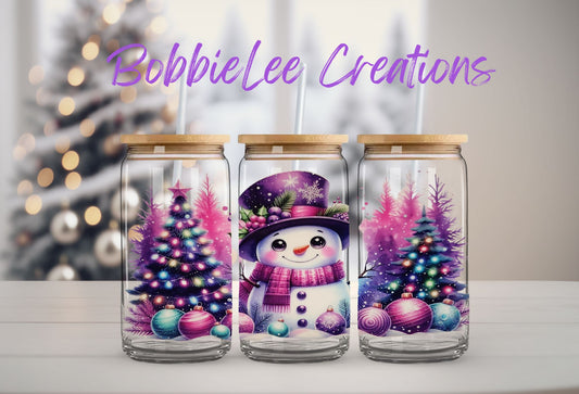 16oz Glass or Plastic Cup - Snowman (Purple & Pink) BL