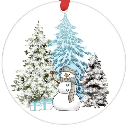 Acrylic Ornament-Blue Snowman & Trees SF