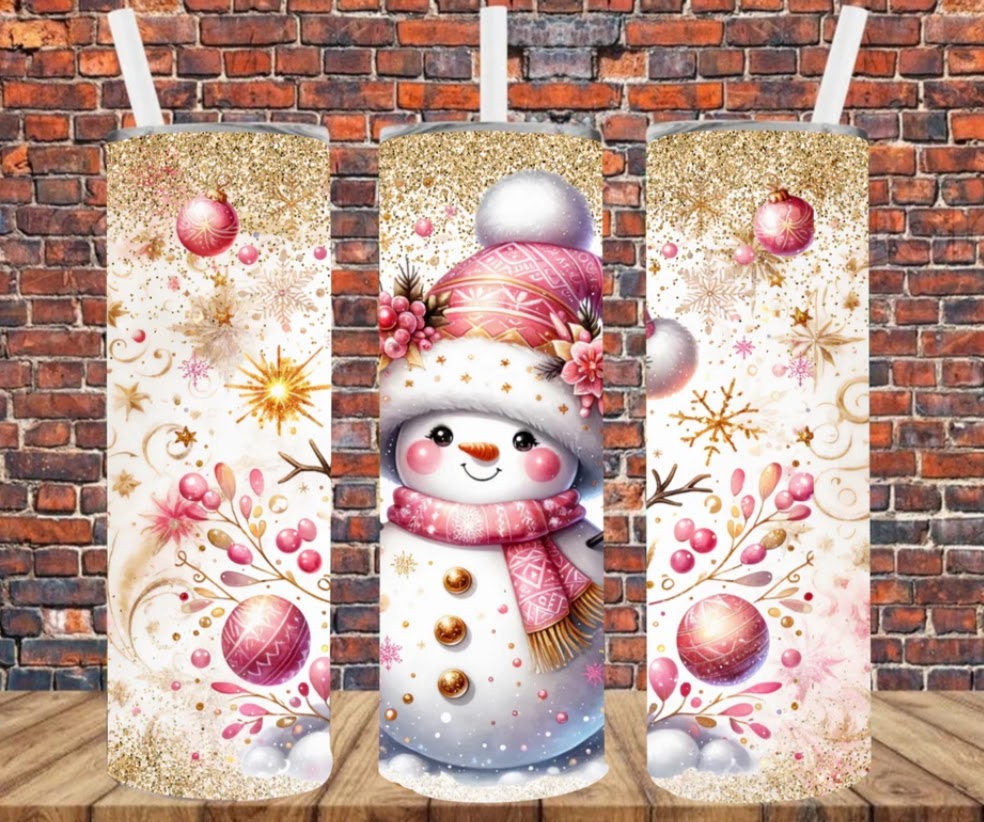 Stainless Steel Tumbler 20oz - Snowman Pink & Gold SF