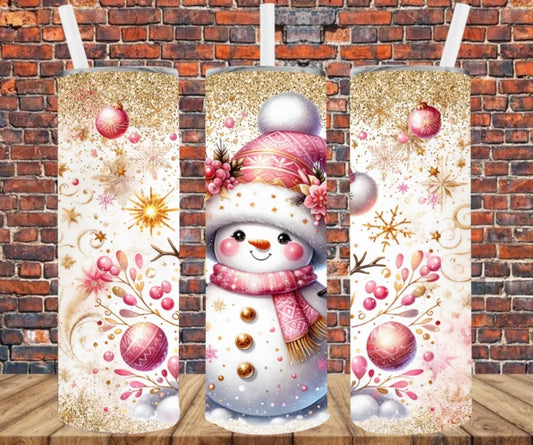 Stainless Steel Tumbler 20oz - Snowman Pink & Gold SF