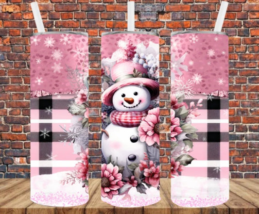 Stainless Steel Tumbler 20oz - Snowman Pink Plaid SF