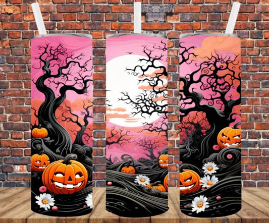 Stainless Steel Tumbler 20oz - Spooky Trees & Pumpkins (Pink & Orange) SF