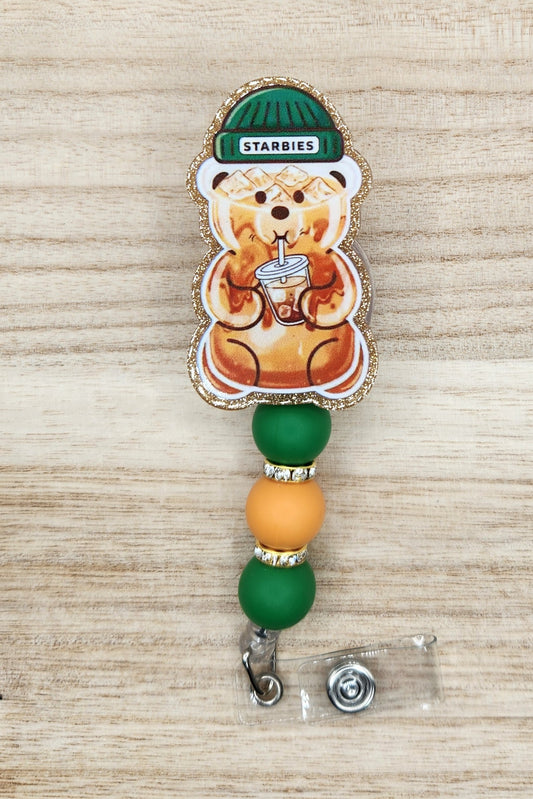 Badge Reel-Starbies Coffee Bear (Gold Glitter) CR039