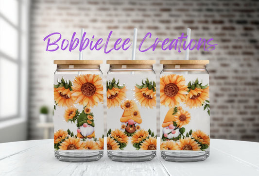 16oz Glass or Plastic Cup-Sunflower Gnomes