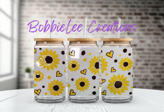 16oz Glass or Plastic Cup-Sunflowers and Hearts