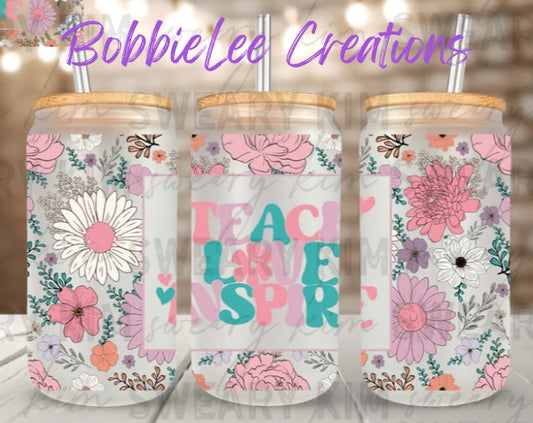 16oz Glass or Plastic Cup-Teach Love Inspire Daisies SK (Pastels)