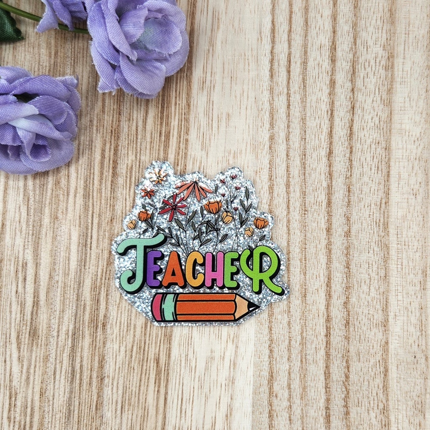 Flatback-Teacher Floral Pencil KK (Glitter)