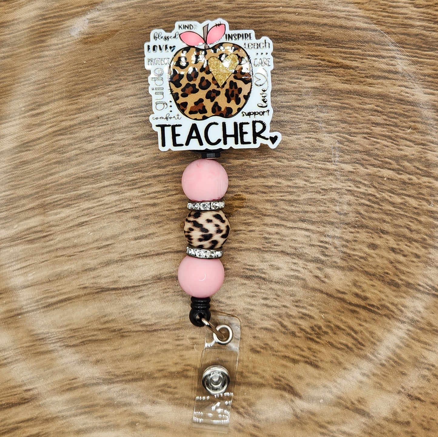 Badge Reel-Teacher Leopard Apple