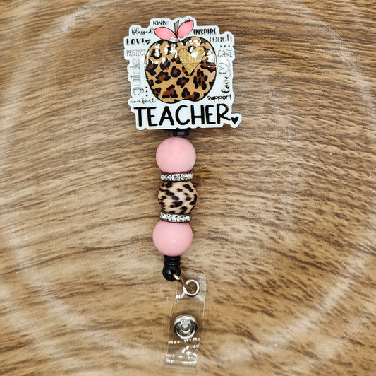 Badge Reel-Teacher Leopard Apple