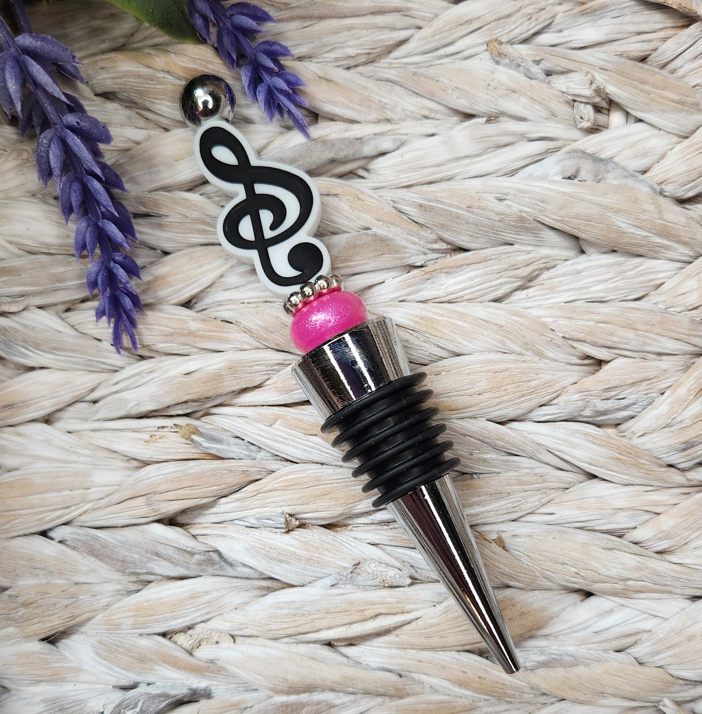 Wine Stopper-Treble Clef Pink Opal (Silver)