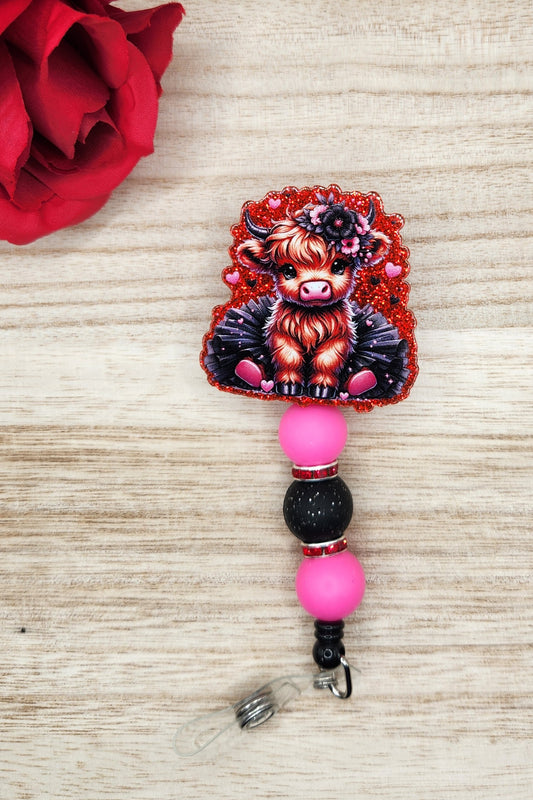 Badge Reel-Giselle the Highland Cow (Red Glitter) AV005