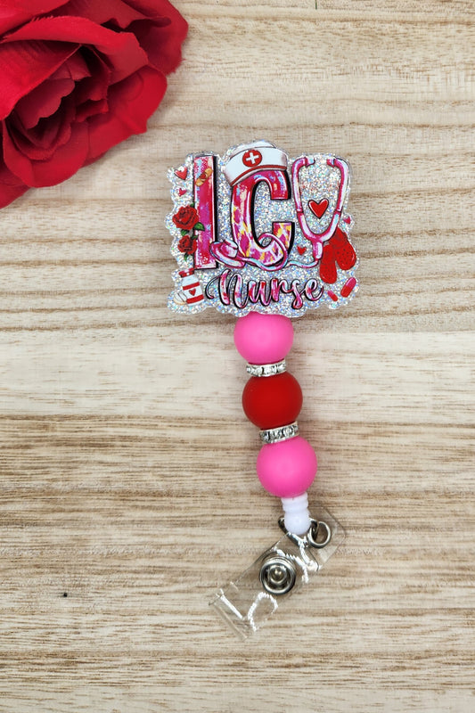 Badge Reel-Valentine ICU Nurse (Pink)