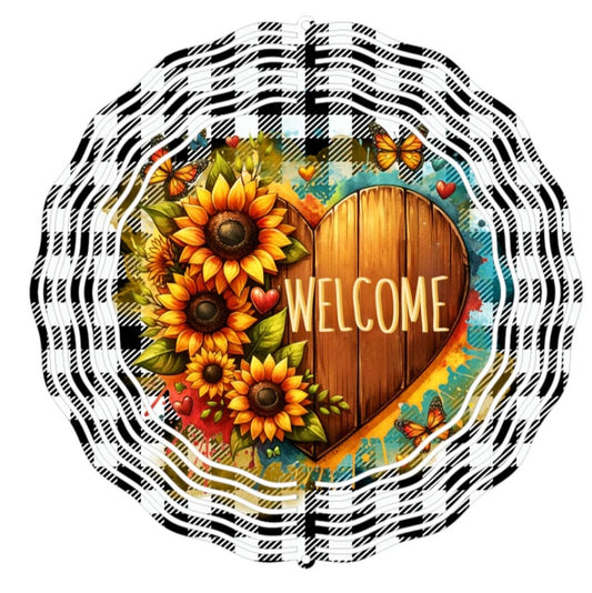 Wind Spinner 8" - Welcome Wooden Heart & Sunflowers