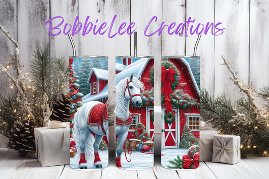 Stainless Steel Tumbler 20oz - White Horse & Red Barn