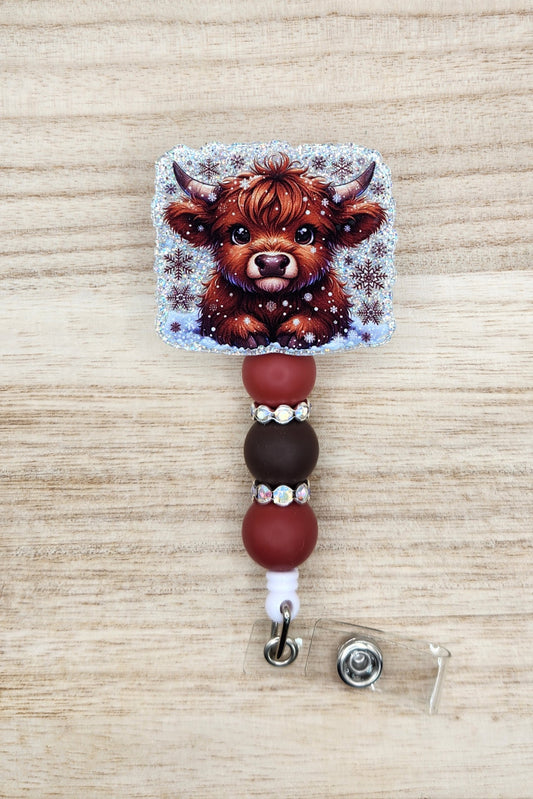 Badge Reel-Winter Highland Cow (Silver Glitter) WI011