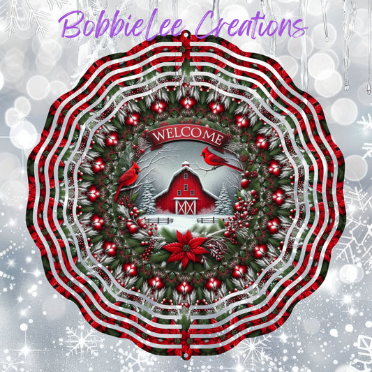 Wind Spinner 8" - Winter Cardinal & Barn