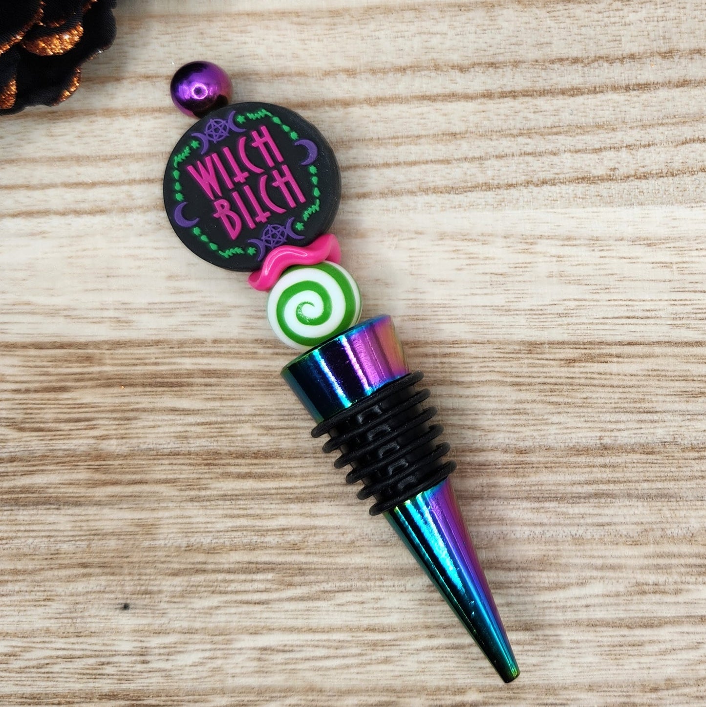 Wine Stopper-Witch B!tch Green Swirl (Rainbow)