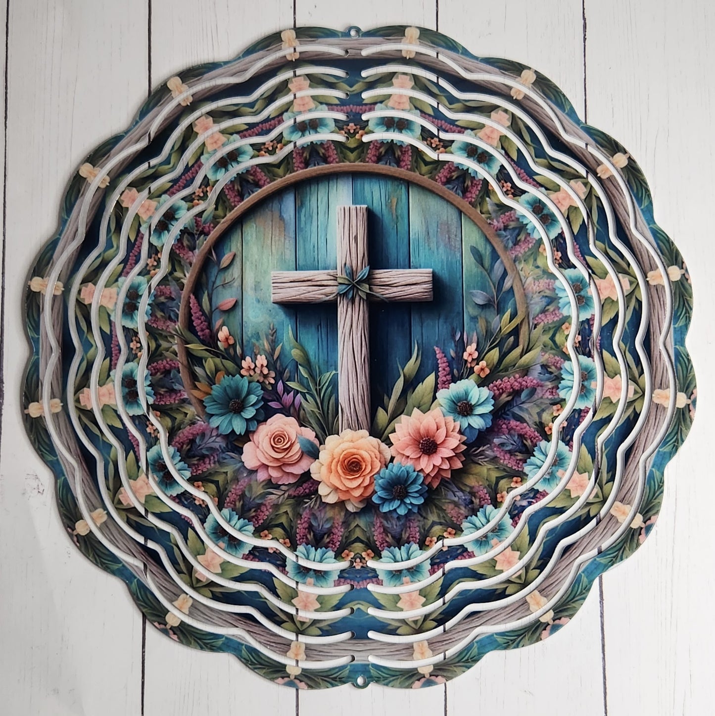 Wind Spinner 8" - Wooden Cross (Floral)