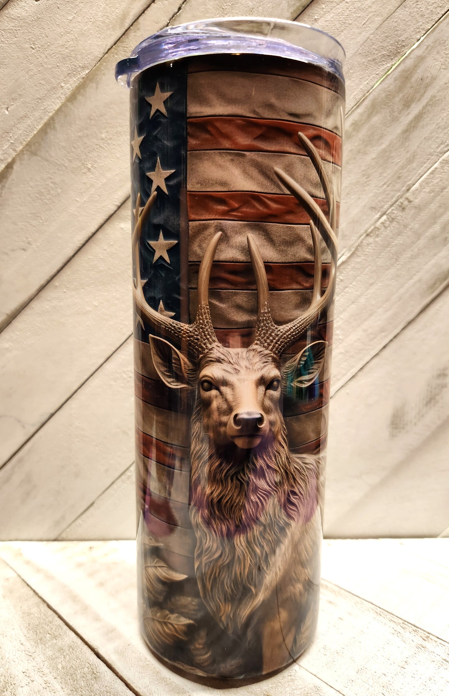 Stainless Steel Tumbler 20oz - Deer American Flag SF (Wooden)