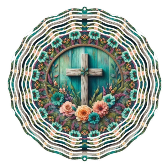 Wind Spinner 8" - Wooden Cross (Floral)